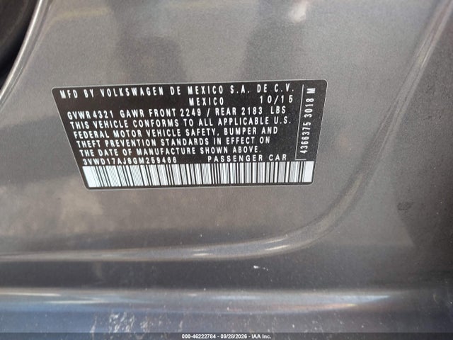 46222784 :رقم المزاد ، 3VWD17AJ8GM259466 vin ، 2016 Volkswagen Jetta 1.8t Sport مزاد بيع