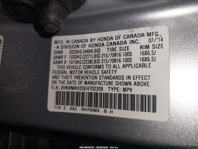 46222791 :رقم المزاد ، 2HKRM4H35EH702309 vin ، 2014 Honda Cr-v Lx مزاد بيع