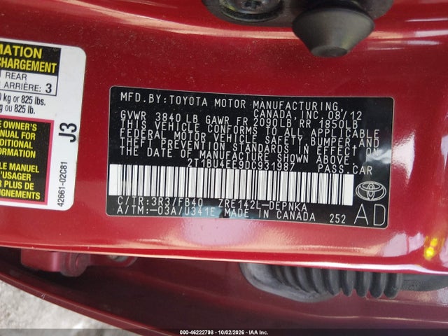 Aukcja sprzedaży 2013 Toyota Corolla Le, vin: 2T1BU4EE9DC931987, numer aukcji: 46222798