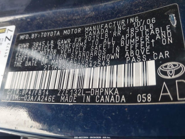 2007 Toyota Matrix Xr მანქანა იყიდება აუქციონზე, vin: 2T1KR32E17C642543, აუქციონის ნომერი: 46222804