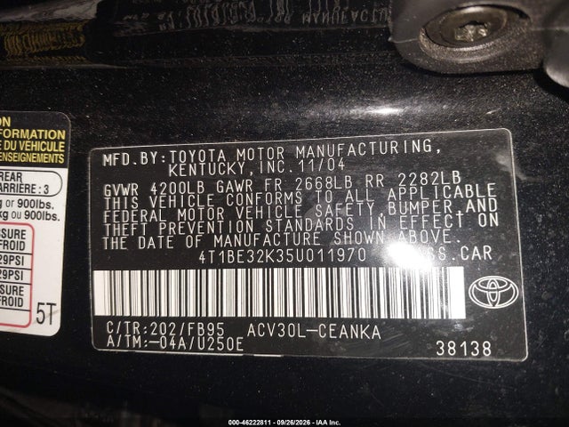 46222811 :رقم المزاد ، 4T1BE32K35U011970 vin ، 2005 Toyota Camry Std مزاد بيع
