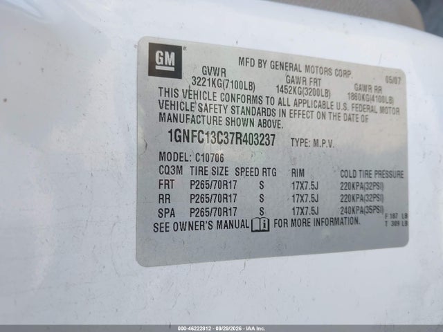 Aukcja sprzedaży 2007 Chevrolet Tahoe Ls, vin: 1GNFC13C37R403237, numer aukcji: 46222812