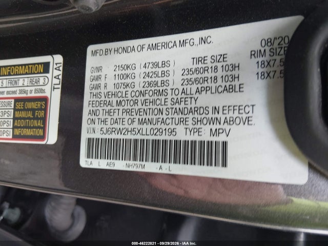 Aukcja sprzedaży 2020 Honda Cr-v Awd Ex, vin: 5J6RW2H5XLL029195, numer aukcji: 46222821