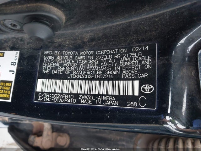 46222829 :رقم المزاد ، JTDKN3DUXE1807216 vin ، 2014 Toyota Prius Two مزاد بيع