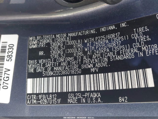 46222848 :رقم المزاد ، 5TDBK22C38S018250 vin ، 2008 Toyota Sienna Xle مزاد بيع