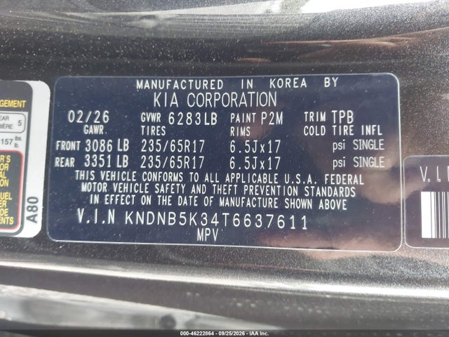 Продажа на аукционе авто 2026 Kia Carnival Mpv Lx, vin: KNDNB5K34T6637611, номер лота: 46222864