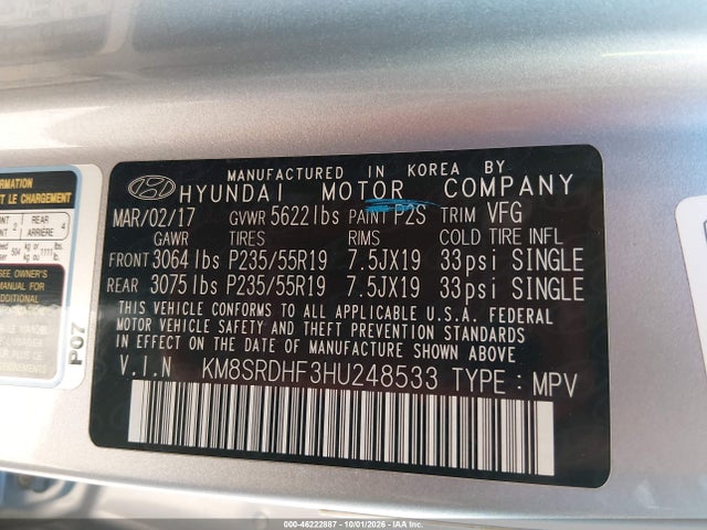 KM8SRDHF3HU248533 Hyundai Santa Fe