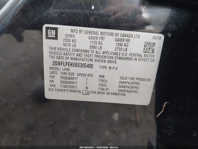 Aukcja sprzedaży 2014 Chevrolet Equinox 1lt, vin: 2GNFLFEK6E6365495, numer aukcji: 46222911