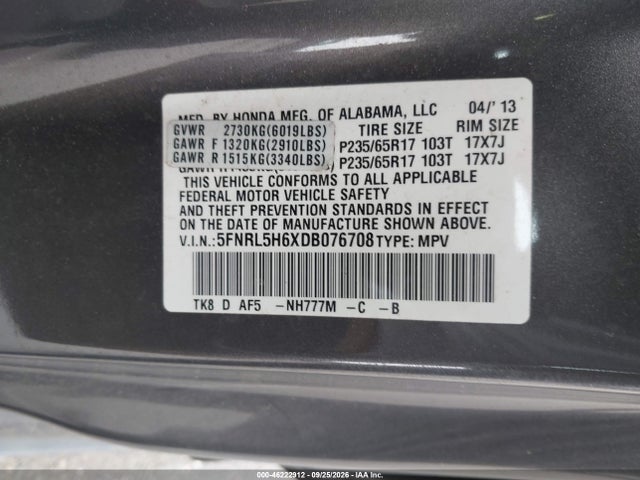 Aukcja sprzedaży 2013 Honda Odyssey Ex-l, vin: 5FNRL5H6XDB076708, numer aukcji: 46222912