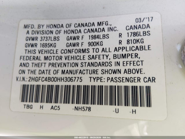 Продажа на аукционе авто 2017 Honda Civic Lx-p, vin: 2HGFC4B00HH306775, номер лота: 46222915