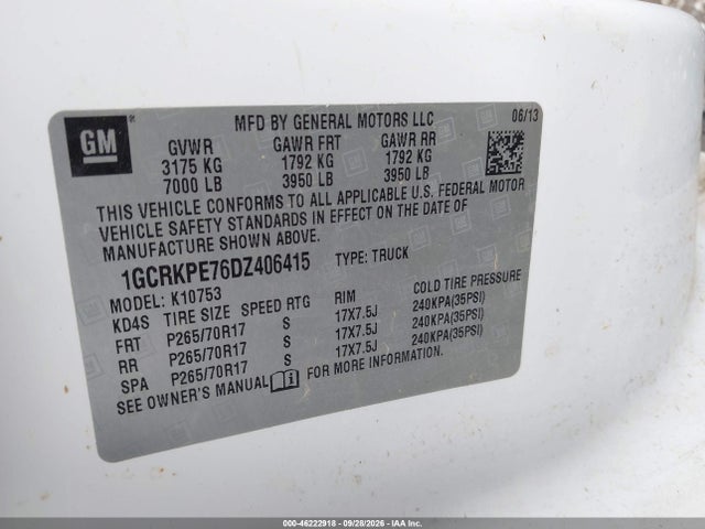 46222918 :رقم المزاد ، 1GCRKPE76DZ406415 vin ، 2013 Chevrolet Silverado 1500 Work Truck مزاد بيع