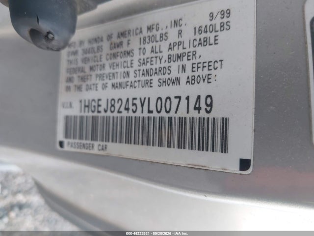 46222921 :رقم المزاد ، 1HGEJ8245YL007149 vin ، 2000 Honda Civic Ex مزاد بيع