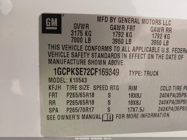 Aukcja sprzedaży 2012 Chevrolet Silverado 1500 Lt, vin: 1GCPKSE72CF169349, numer aukcji: 46222920