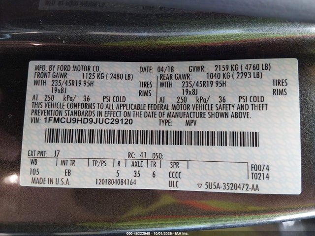 Aukcja sprzedaży 2018 Ford Escape Sel, vin: 1FMCU9HD9JUC29120, numer aukcji: 46222948
