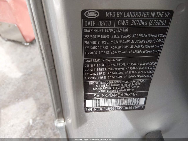 Продаж на аукціоні авто 2011 Land Rover Range Rover Sport Hse, vin: SALSK2D44BA263187, номер лоту: 46222951