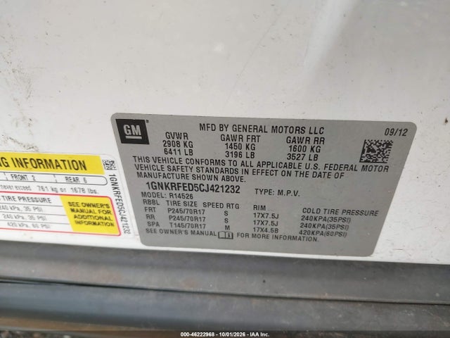 2012 Chevrolet Traverse Ls მანქანა იყიდება აუქციონზე, vin: 1GNKRFED5CJ421232, აუქციონის ნომერი: 46222968