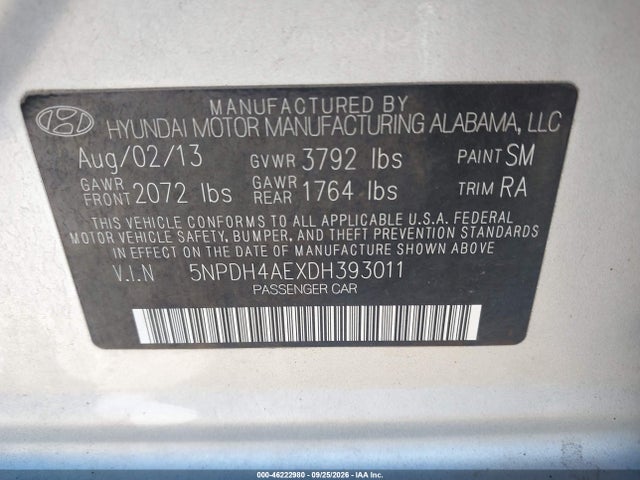 Aukcja sprzedaży 2013 Hyundai Elantra Gls Pzev, vin: 5NPDH4AEXDH393011, numer aukcji: 46222980