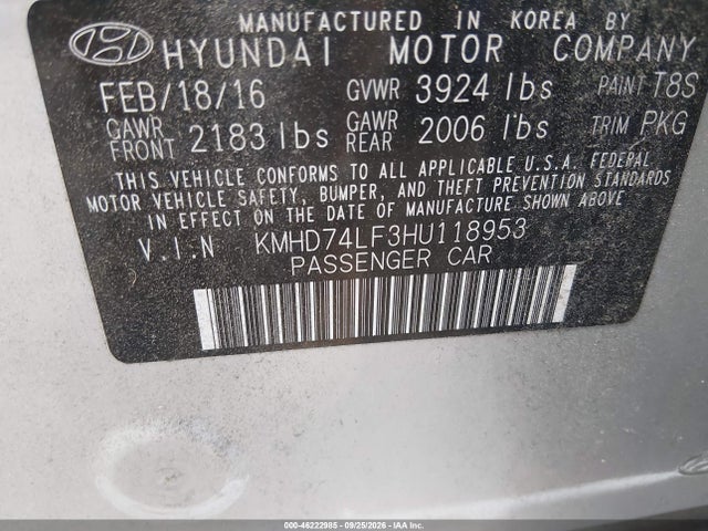 Продаж на аукціоні авто 2017 Hyundai Elantra Se, vin: KMHD74LF3HU118953, номер лоту: 46222985