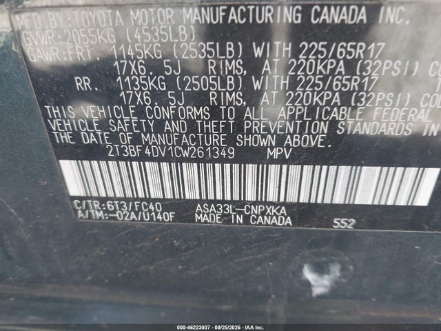 46223007 :رقم المزاد ، 2T3BF4DV1CW261349 vin ، 2012 Toyota Rav4 مزاد بيع