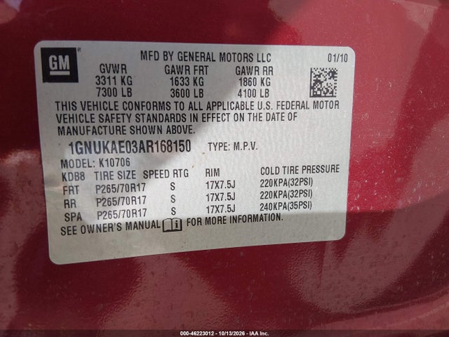 Продаж на аукціоні авто 2010 Chevrolet Tahoe Ls, vin: 1GNUKAE03AR168150, номер лоту: 46223012