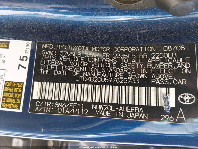 46223015 :رقم المزاد ، JTDKB20U597825733 vin ، 2009 Toyota Prius مزاد بيع