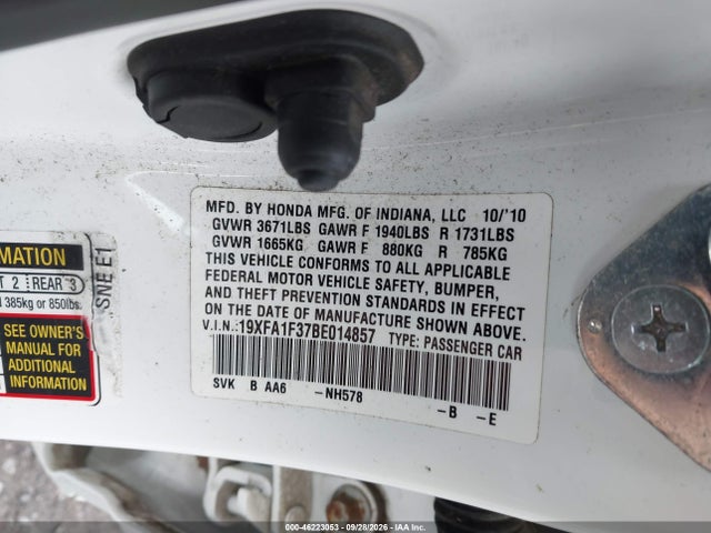 2011 Honda Civic Vp მანქანა იყიდება აუქციონზე, vin: 19XFA1F37BE014857, აუქციონის ნომერი: 46223053