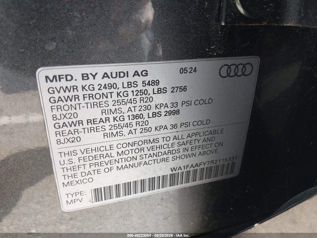 46223054 :رقم المزاد ، WA1FAAFY7R2115331 vin ، 2024 Audi Q5 Prestige 45 Tfsi S Line Quattro S Tronic مزاد بيع