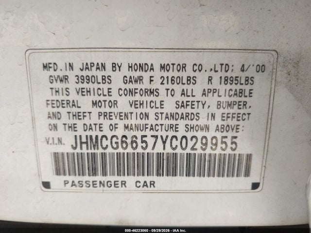 Продаж на аукціоні авто 2000 Honda Accord 2.3 Lx, vin: JHMCG6657YC029955, номер лоту: 46223060