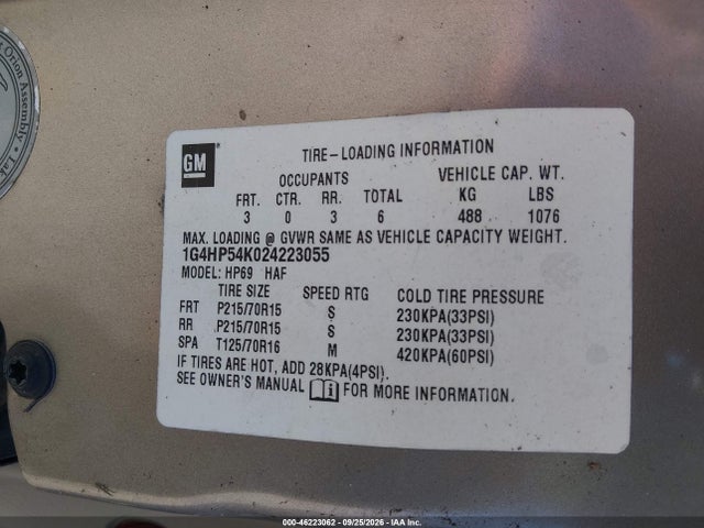 46223062 :رقم المزاد ، 1G4HP54K024223055 vin ، 2002 Buick Lesabre Custom مزاد بيع