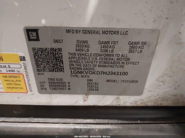 Chevrolet Traverse 1lt 2017 1GNKVGKD7HJ343100 Image 9
