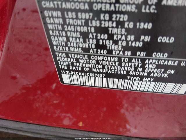 Продажа на аукционе авто 2018 Volkswagen Atlas 3.6l V6 Se/3.6l V6 Se W/technology, vin: 1V2LR2CA4JC527637, номер лота: 46223088