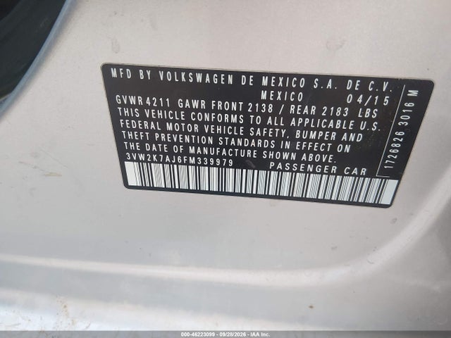 46223099 :رقم المزاد ، 3VW2K7AJ6FM339979 vin ، 2015 Volkswagen Jetta 2.0l S مزاد بيع