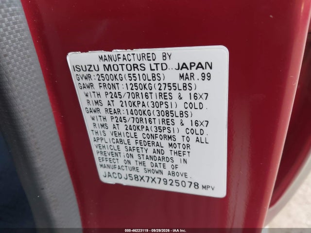 Aukcja sprzedaży 1999 Isuzu Trooper S, vin: JACDJ58X7X7925078, numer aukcji: 46223119