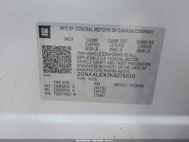 Aukcja sprzedaży 2019 Chevrolet Equinox Lt, vin: 2GNAXLEX7K6276510, numer aukcji: 46223130