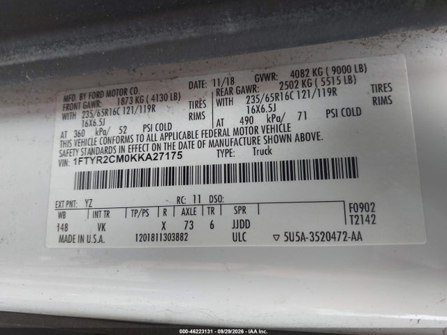 Ford Transit-250 2019 1FTYR2CM0KKA27175 Image 9