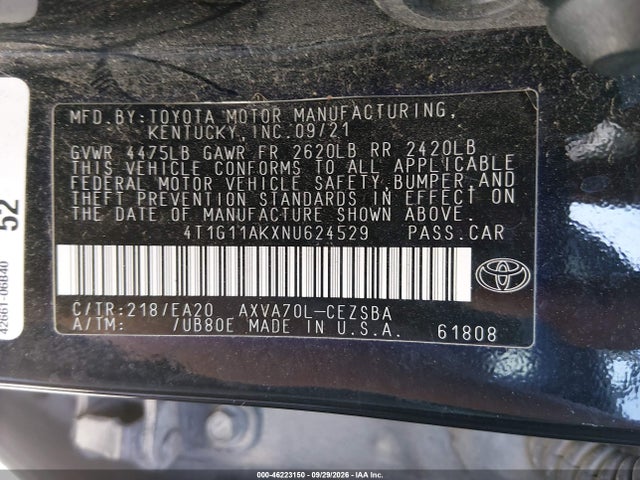 2022 Toyota Camry Se მანქანა იყიდება აუქციონზე, vin: 4T1G11AKXNU624529, აუქციონის ნომერი: 46223150