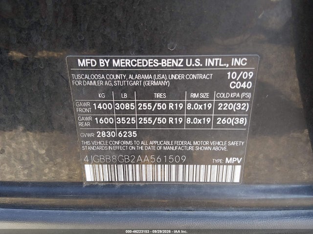 46223153 :رقم المزاد ، 4JGBB8GB2AA561509 vin ، 2010 Mercedes-benz M-class Ml 350 مزاد بيع