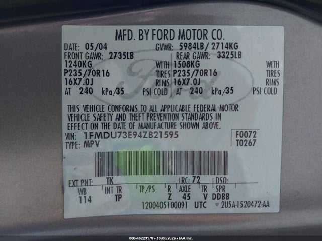 Aukcja sprzedaży 2004 Ford Explorer Nbx/xlt, vin: 1FMDU73E94ZB21595, numer aukcji: 46223178