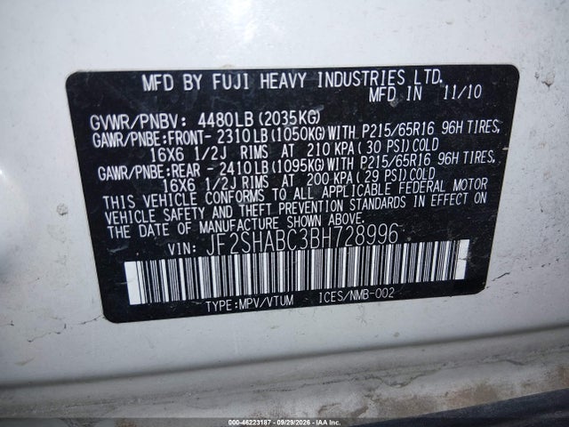 2011 Subaru Forester 2.5x მანქანა იყიდება აუქციონზე, vin: JF2SHABC3BH728996, აუქციონის ნომერი: 46223187