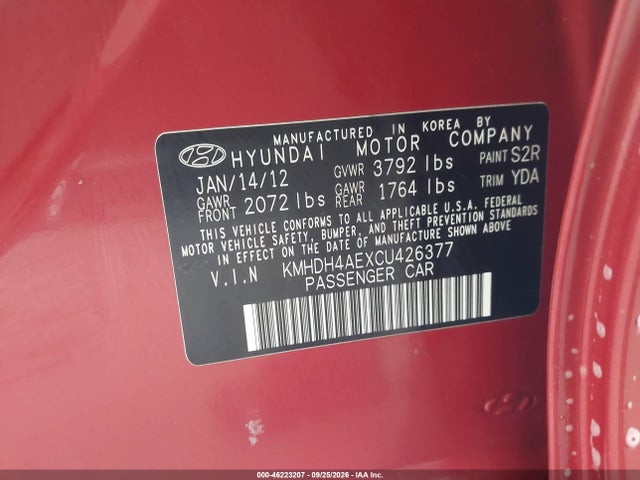 Продаж на аукціоні авто 2012 Hyundai Elantra Gls (ulsan Plant), vin: KMHDH4AEXCU426377, номер лоту: 46223207