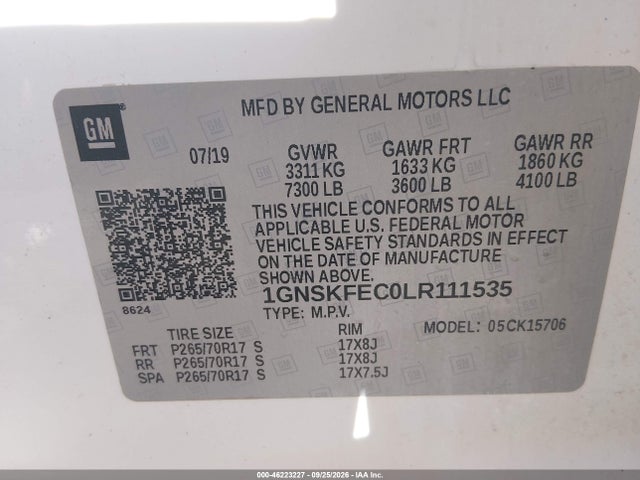 46223227 :رقم المزاد ، 1GNSKFEC0LR111535 vin ، 2020 Chevrolet Tahoe 4wd Commercial Fleet مزاد بيع