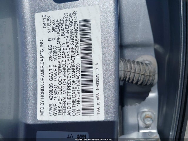 2019 Honda Accord Lx მანქანა იყიდება აუქციონზე, vin: 1HGCV1F10KA080290, აუქციონის ნომერი: 46223230