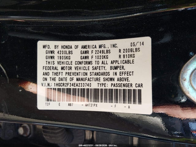 Aukcja sprzedaży 2014 Honda Accord Lx, vin: 1HGCR2F34EA233740, numer aukcji: 46223231