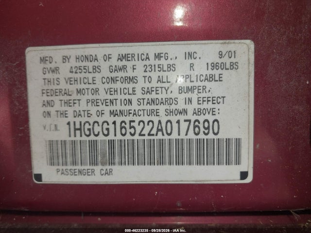 46223235 :رقم المزاد ، 1HGCG16522A017690 vin ، 2002 Honda Accord 3.0 Ex مزاد بيع