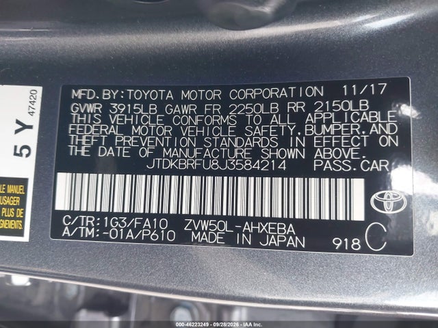 Aukcja sprzedaży 2018 Toyota Prius Two, vin: JTDKBRFU8J3584214, numer aukcji: 46223249