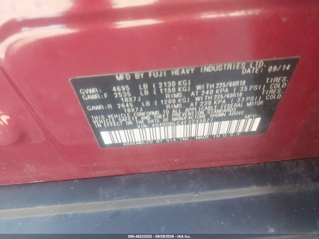 Продажа на аукционе авто 2015 Subaru Outback 2.5i Limited, vin: 4S4BSBLC4F3233077, номер лота: 46223252
