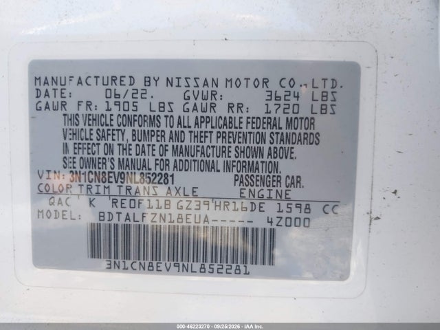 46223270 :رقم المزاد ، 3N1CN8EV9NL852281 vin ، 2022 Nissan Versa 1.6 Sv Xtronic Cvt مزاد بيع