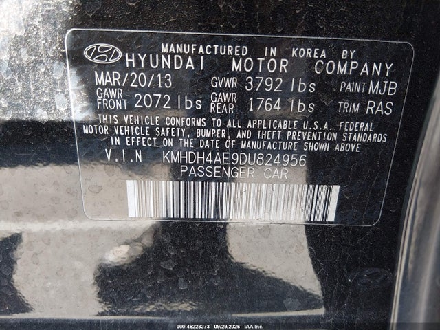 2013 Hyundai Elantra Gls მანქანა იყიდება აუქციონზე, vin: KMHDH4AE9DU824956, აუქციონის ნომერი: 46223273