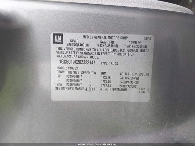 Продажа на аукционе авто 2008 Chevrolet Silverado 1500 Work Truck, vin: 1GCEC19X28Z322147, номер лота: 46223287