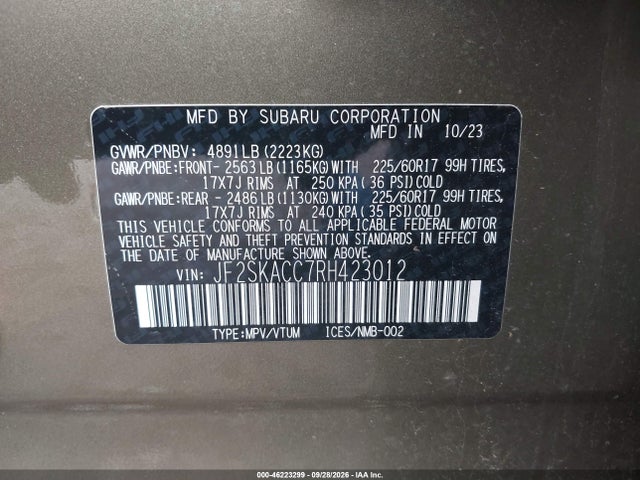 Продажа на аукционе авто 2024 Subaru Forester Premium, vin: JF2SKACC7RH423012, номер лота: 46223299